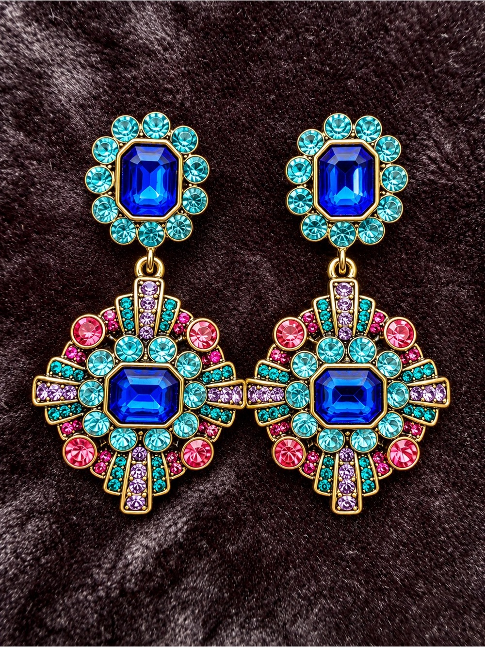 Heidi Daus Gold-Tone Earrings with Royal Blue, Turquoise & Pink Crystals